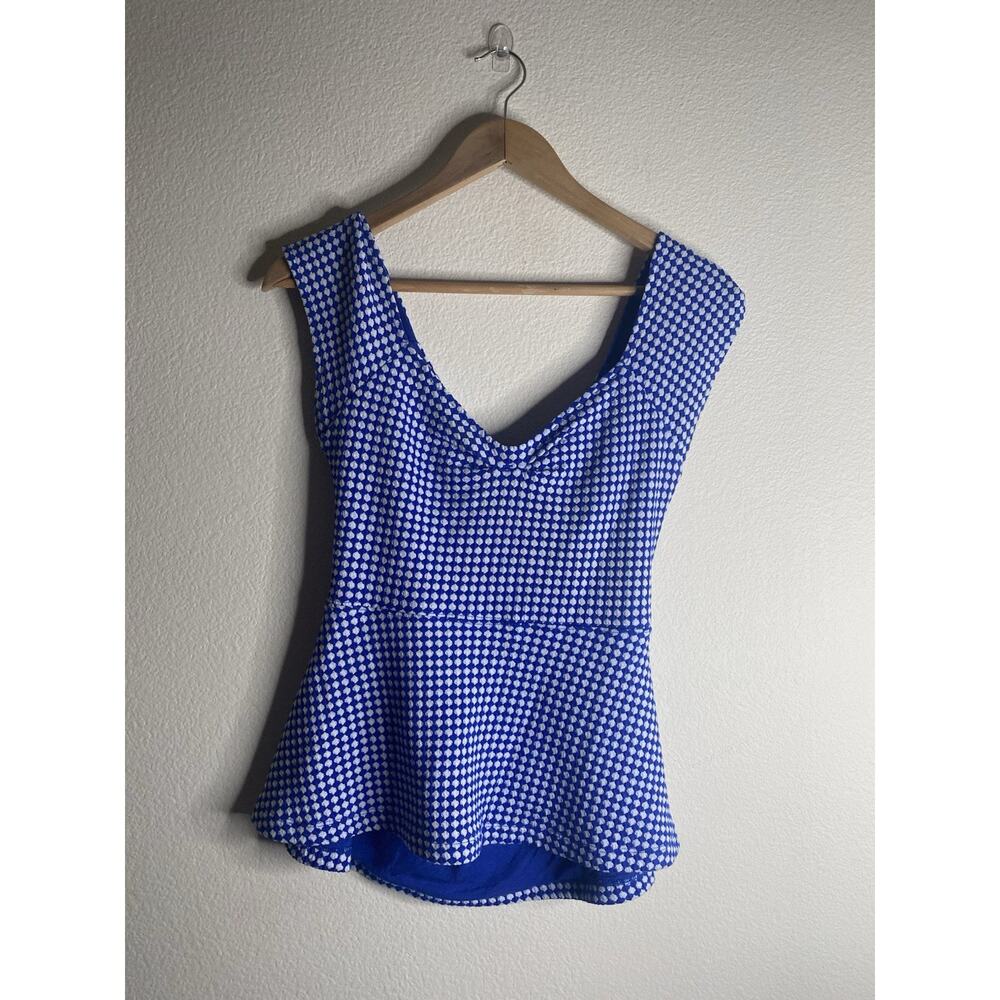 Anthropologie Deletta Womens Blouse Top Peplum Medium Blue White Gingham - Picture 3 of 6